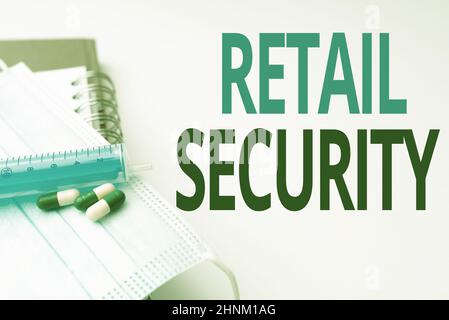 Testo che mostra ispirazione Retail Security, Word for Process quale merce venduta al pubblico in modo sicuro scrivendo importante Medical Notes Laborato Foto Stock