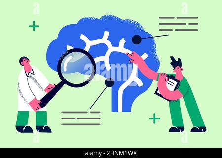Ricerca di concetto di cervello umano. Due giovani medici scienziati in piedi facendo ricerca del cervello umano con lente di ingrandimento insieme illustrazione vettoriale Foto Stock