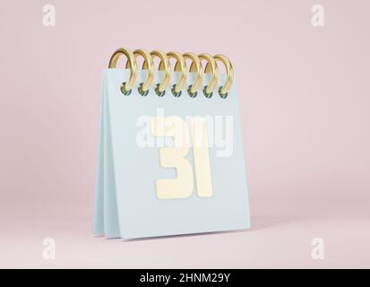 Calendario desktop con numero dell'anno dell'ultimo giorno 31, calendario e data della scrivania di primavera con cornice blu, su sfondo rosa, elemento di design per Foto Stock