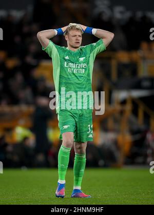 Wolverhampton, Regno Unito. 10th Feb 2022. Il portiere Aaron Ramsdale dell'Arsenal durante la partita della Premier League tra Wolverhampton Wanderers e Arsenal a Molineux, Wolverhampton, Inghilterra, il 10 febbraio 2022. Foto di Andy Rowland. Credit: Prime Media Images/Alamy Live News Foto Stock