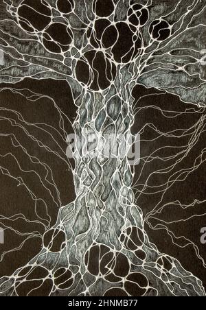 Disegno in bianco e nero dell'albero Neurografico utilizzando solo una penna in gel bianco. Foto Stock