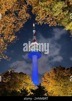 Bella Torre N-SEOUL illuminata sul monte namsan a Seoul in autunno, con foglie colorate che circondano la Torre Foto Stock