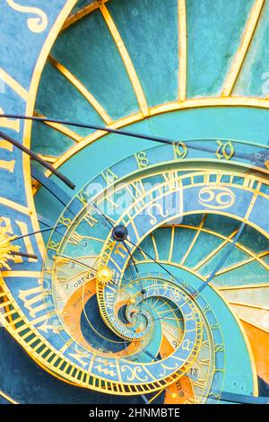 Sfondo effetto Droste basato sull'orologio astronomico di Praga. Disegno astratto per concetti legati all'astrologia e alla fantasia. Foto Stock