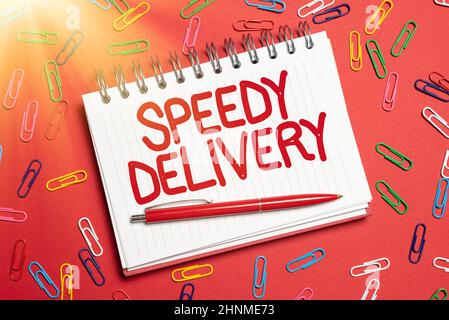 Text caption presentare Speedy Delivery, Business Concept fornire prodotti in modo veloce o spedizione in giornata all'estero Brainstorming problemi e soluti Foto Stock