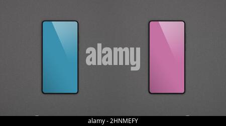 Primo piano due smartphone con schermi vuoti, blu e rosa, su sfondo di carta grigio, piatto, direttamente sopra Foto Stock