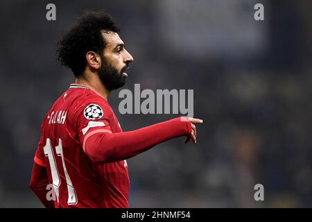 Milano, Italia. 16 febbraio 2022. Mohamed Salah del Liverpool FC si occupa del round di Champions League di sedici partite di prima tappa tra il FC Internazionale e il Liverpool FC. Credit: Nicolò campo/Alamy Live News Foto Stock