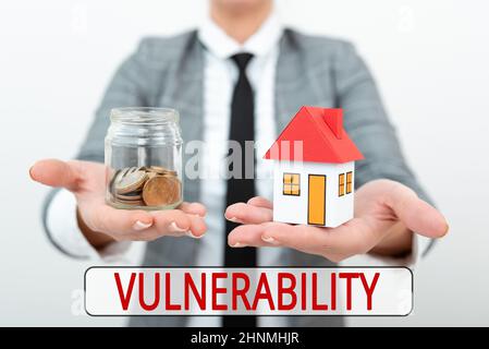 Vulnerabilità di visualizzazione dei segni, panoramica aziendale Stato di essere esposti alla possibilità di essere attaccati Agente Immobiliare Vendere Nuova proprietà, A. Foto Stock