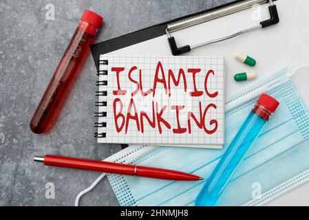 Scrittura di testo visualizzazione Islamic Banking, Word for Banking sistema basato sui principi della legge islamica che ricerca farmaci preventivi, Viral Infe Foto Stock