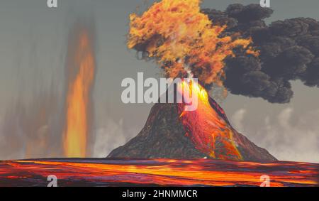 Un vulcano erutta con lava fusa rossa calda con fumo e fuoco. Foto Stock