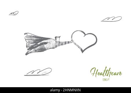 Concetto di assistenza sanitaria. Supereroe disegnato a mano con grande cuore in mano. L'uomo volante tiene il cuore come simbolo dell'illustrazione del vettore isolato di assistenza sanitaria. Foto Stock
