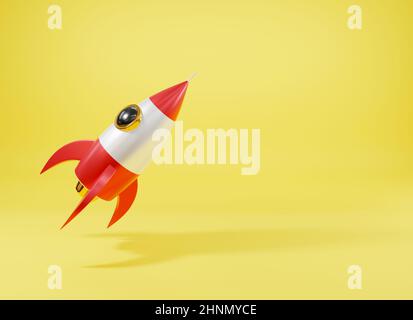 Rocket astronave stile antico, modello cartoon giocattolo spazio esplorazione icona su sfondo giallo, retro volare sulla luna e galassia, 3D rendering illustrazione Foto Stock