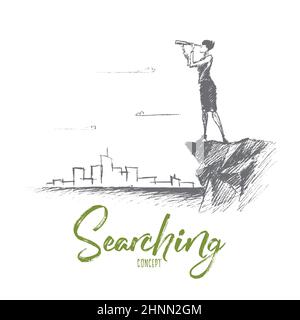 Disegno vettoriale del concetto di ricerca a mano. Donna d'affari in piedi sul bordo della roccia e guardando avanti attraverso la vetroresina con scyscraper di grande c Foto Stock