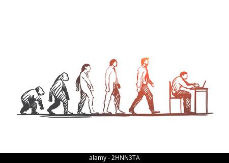 Evoluzione, uomo d'affari, programmatore, concetto primitivo. Figure disegnate a mano di primati e esseri umani, schizzo del concetto di evoluzione. Illustri vettoriali isolati Foto Stock