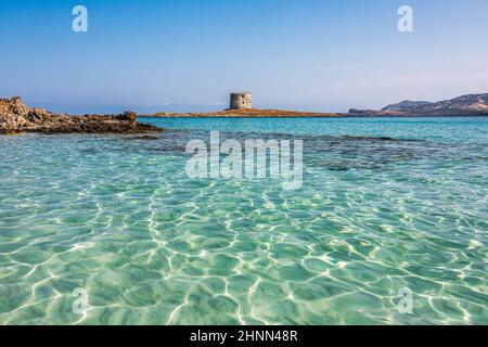 L'incredibile mare e la torre aragonese a la Pelosa Beach, Stintino Foto Stock