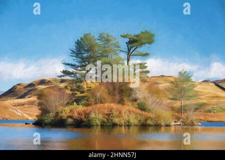 Pittura digitale di una vista di Penygader, Cadair Idris catena montuosa, e Cregennan lago durante l'autunno nel Parco Nazionale Snowdonia, Dolgellau, Mei Foto Stock