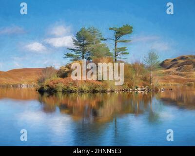 Pittura digitale di una vista di Penygader, Cadair Idris catena montuosa, e Cregennan lago durante l'autunno nel Parco Nazionale Snowdonia, Dolgellau, Mei Foto Stock