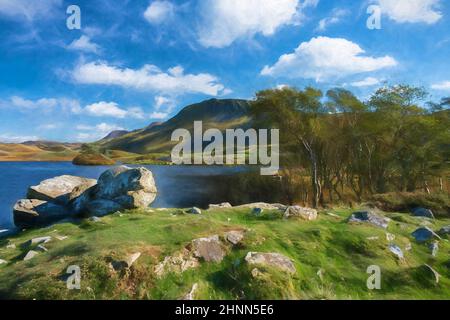 Pittura digitale di una vista di Penygader, Cadair Idris catena montuosa, e Cregennan lago durante l'autunno nel Parco Nazionale Snowdonia, Dolgellau, Mei Foto Stock