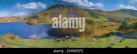 Pittura digitale di una vista di Penygader, Cadair Idris catena montuosa, e Cregennan lago durante l'autunno nel Parco Nazionale Snowdonia, Dolgellau, Mei Foto Stock