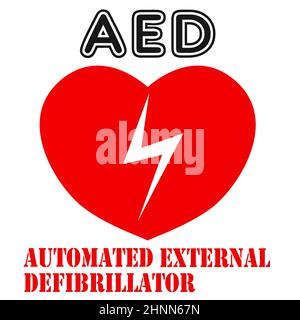 Segnale defibrillatore semiautomatico esterno o semiautomatico con simbolo del cuore e dell'elettricità, rappresentazione 3D Foto Stock