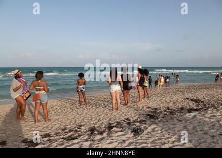 Le persone godono il tramonto a South Beach a Miami Beach Foto Stock