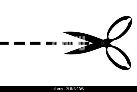 Forbici e linee tratteggiate su sfondo bianco, rendering 3D Foto Stock