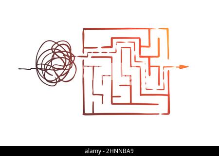 Organizzare, ordinare, controllare, ordinare, concetto di caos. Disegno a mano dal caos per ordinare lo schizzo del concetto del simbolo. Illustrazione vettoriale isolata. Foto Stock