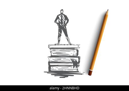 Conoscenza, libro, istruzione, informazioni, imparare il concetto. Uomo disegnato a mano in piedi su books concept sketch. Illustrazione vettoriale isolata. Foto Stock