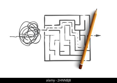 Organizzare, ordinare, controllare, ordinare, concetto di caos. Disegno a mano dal caos per ordinare lo schizzo del concetto del simbolo. Illustrazione vettoriale isolata. Foto Stock