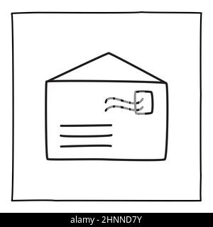 Icona o logo della busta di lettera Doodle, disegnata a mano con una sottile linea nera. Isolato su sfondo bianco. Illustrazione vettoriale Foto Stock