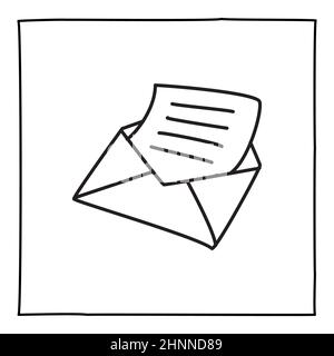 Icona o logo della busta di lettera Doodle, disegnata a mano con una sottile linea nera. Isolato su sfondo bianco. Illustrazione vettoriale Foto Stock