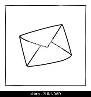Icona o logo della busta di lettera Doodle, disegnata a mano con una sottile linea nera. Isolato su sfondo bianco. Illustrazione vettoriale Foto Stock