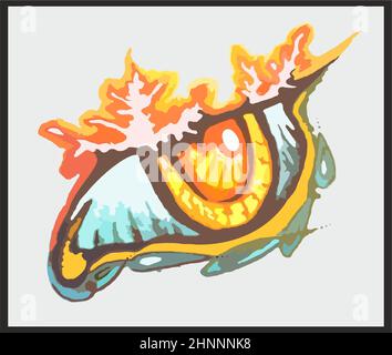 Simbolo dell'occhio di colore inusuale su sfondo grigio. L'occhio ardente astratto in forma di pesce con elementi di una foresta è un concetto creativo di business Foto Stock