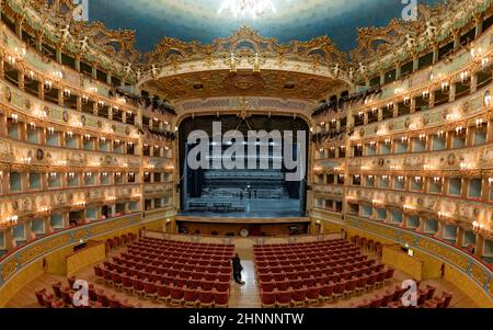 Interno del Teatro la Fenice. Il Teatro la Fenice, 'The Phoenix', è un teatro dell'opera, uno dei più famosi e rinomati monumenti storici del teatro italiano Foto Stock