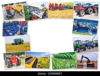 Collage su fattoria, agricoltura, agricoltura. Concetto di predisposizione dell'attrezzatura per lavori agricoli - per la semina e la raccolta del grano Foto Stock