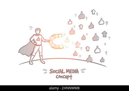 Concetto di social media. Simboli disegnati a mano di piacciono e dispiacenti. Attirare l'attenzione su Internet isolato vettore illustrazione. Foto Stock