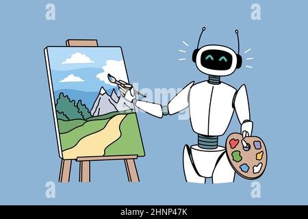 Tecnologie robotiche nel concetto di hobby. Robot positivo in piedi e disegno immagine orizzontale con disegno vettoriale a pennello Foto Stock