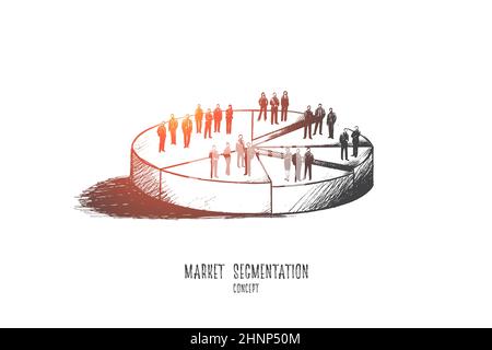 Concetto di segmentazione del mercato. Illustrazione disegnata a mano di un grafico a torta. Settori con persone diverse illustrazione vettoriale isolata. Foto Stock