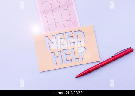 Scrittura di testo visualizzazione bisogno di aiuto. Parola per quando qualcuno è sotto pressione e non può gestire la situazione leggendo il grafico e scrivendo importante Medical Notes Test Result Analysis Foto Stock