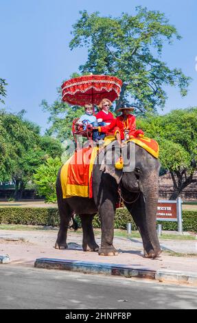 I turisti cavalcano su un elefante nel Parco storico di Ayutthaya Foto Stock
