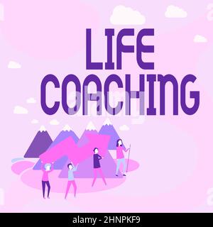 Scrittura di testo visualizzazione Life Coaching, parola per la persona impiegata per aiutare a mostrare raggiungere i loro obiettivi in carriera quattro colleghi Illustrazione Climbing MOU Foto Stock