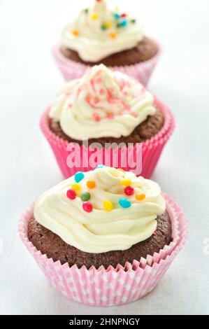 Fancy tortini di cioccolato con panna alla vaniglia e colorate glasse e decorazioni Foto Stock