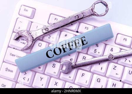 Scrittura visualizzazione testo caffè. Business approccio bevanda calda fatta dai semi arrostiti e macinati di un arbusto tropicale carattere tipizzazione Storia di fondo, creazione di nuovo account Social Media Foto Stock