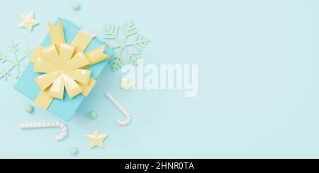 Buon Natale e felice anno nuovo, la collezione scatole regalo realistiche presenta e decorativo vista dall'alto su sfondo blu, Natale decorato minimal, Foto Stock