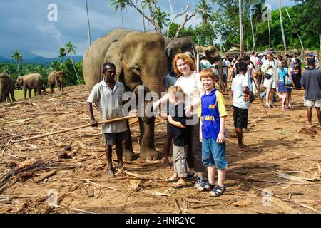 i bambini si abbracciano con gli elefanti nel campo della giungla Foto Stock