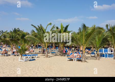 Vista sulla spiaggia, Rui Funana Hotel, Santa Maria, SAL, República de Cabo (Capo Verde) Foto Stock