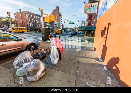 Donna raccoglie rifiuti a Brooklyn Foto Stock