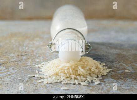 Latte vegano, vista frontale di una bottiglia chiusa giacente su un mucchio di grani di riso su un fondo di pietra grezza, prodotto lattiero-caseario alternativo, primo piano, spazio di copia, Foto Stock
