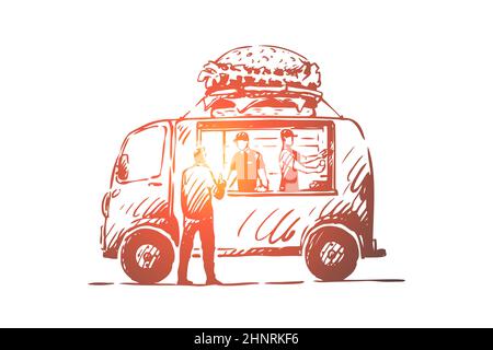 Burger, auto, fast food, negozio, camion concetto. Auto disegnata a mano con hamburger e disegno concettuale fast food. Illustrazione vettoriale isolata. Foto Stock