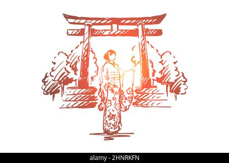 Giappone, paese, Sakura, tradizionale, Asia Concept. Architettura giapponese disegnata a mano, donna in un disegno di concetto di abito tradizionale. Illusione vettoriale isolata Foto Stock