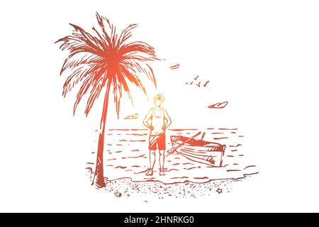 Spiaggia, Australia, estate, oceano, concetto di vacanza. Uomo disegnato a mano con barca sulla spiaggia in Australia Concept sketch. Illustrazione vettoriale isolata. Foto Stock